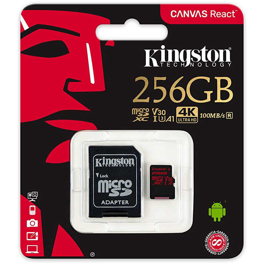 Original Kingston 256GB Canvas React Class 10 microSDXC Memory Card + SD Adapter (SDCR/256GB)