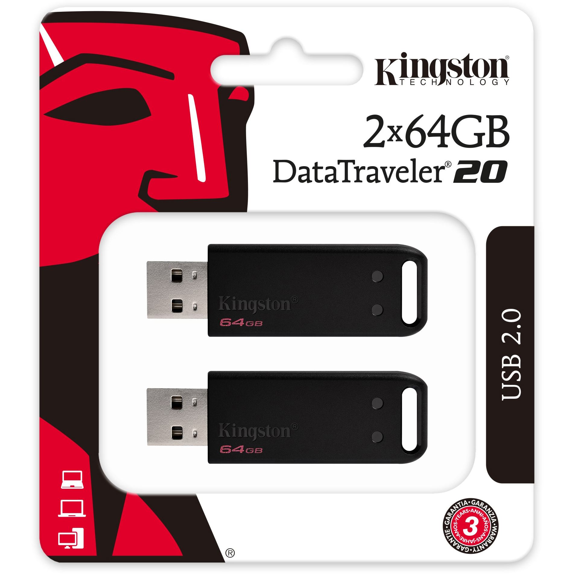 Original Kingston 64GB DataTraveler 20 USB 2.0 Flash Drive 2-Pack (DT20/64GB-2P)