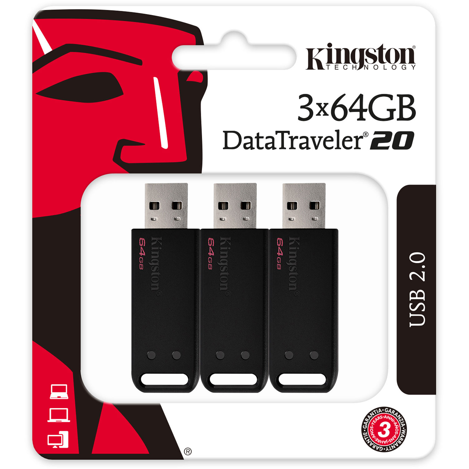 Original Kingston 64GB DataTraveler 20 USB 2.0 Flash Drive 3 Pack (DT20/64GB-3P)