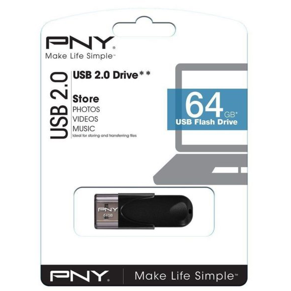 Original PNY Attache4 64GB USB 2.0 Black Flash Drive (FD64GATT4-EF)