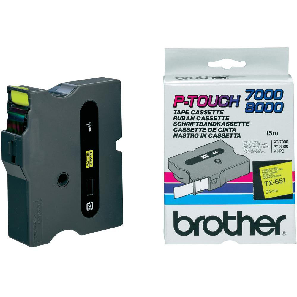 Original Brother TX-651 Black On Yellow 24mm x 15m Laminated P-Touch Label Tape (TX651)