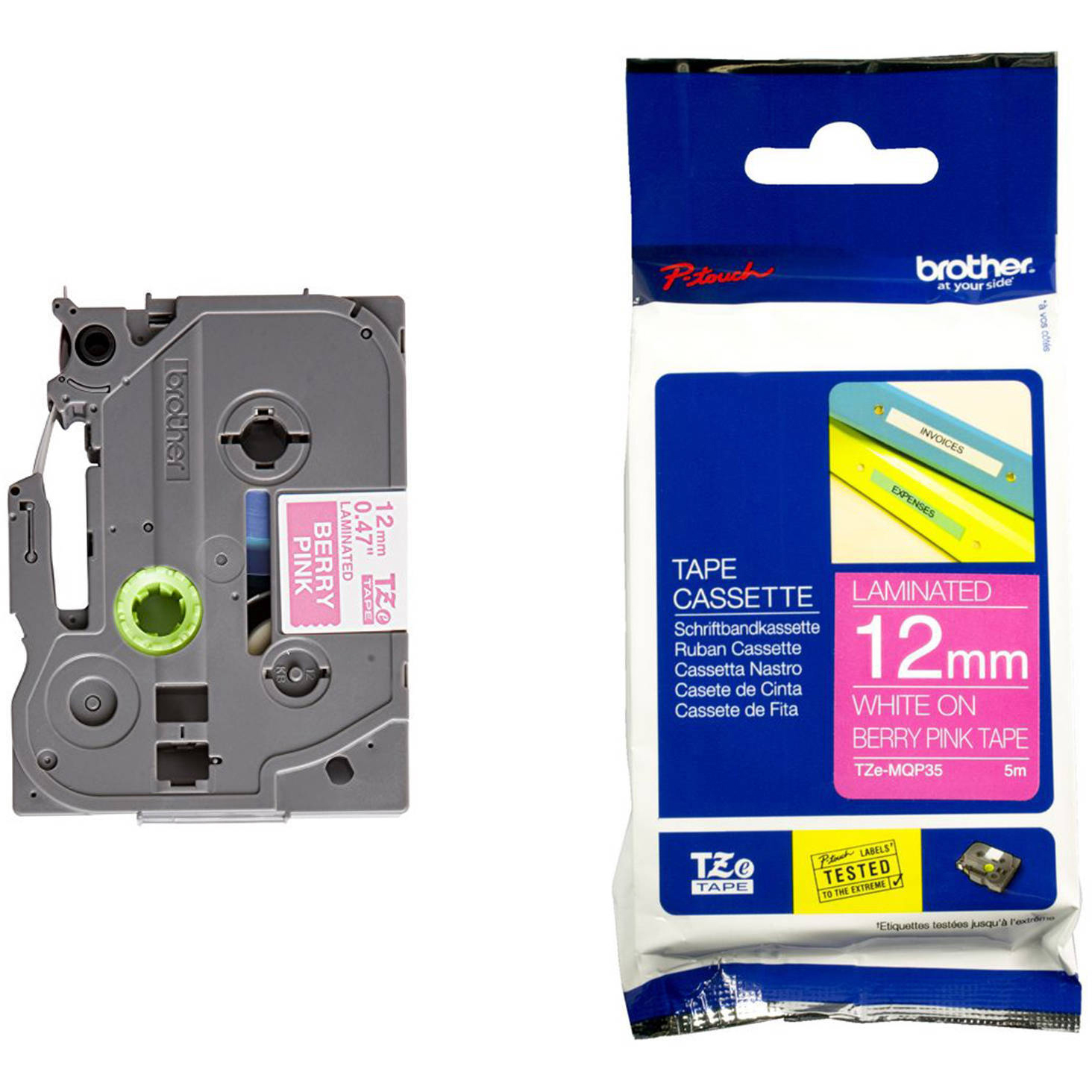 Original Brother TZeMQP35 White on Berry Pink 12mm x 5m Laminated P-Touch Label Tape (TZe-MQP35)