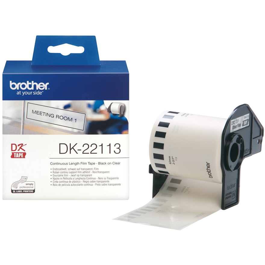 Original Brother DK-22113 Black On Clear 62mm x 15.24m Continuous Clear Film Label Tape (DK22113)