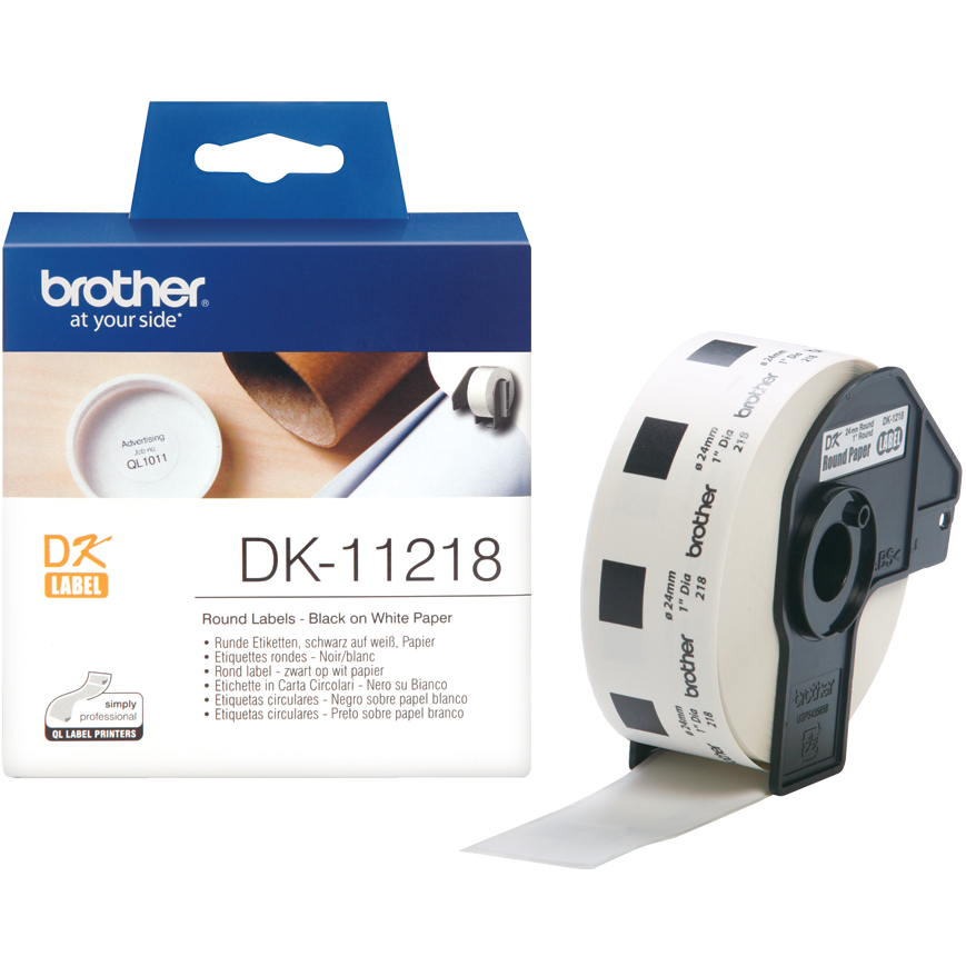 Original Brother DK-11218 Black On White 24mm 1in Diameter Round Label Tape - 1000 Labels (DK11218)