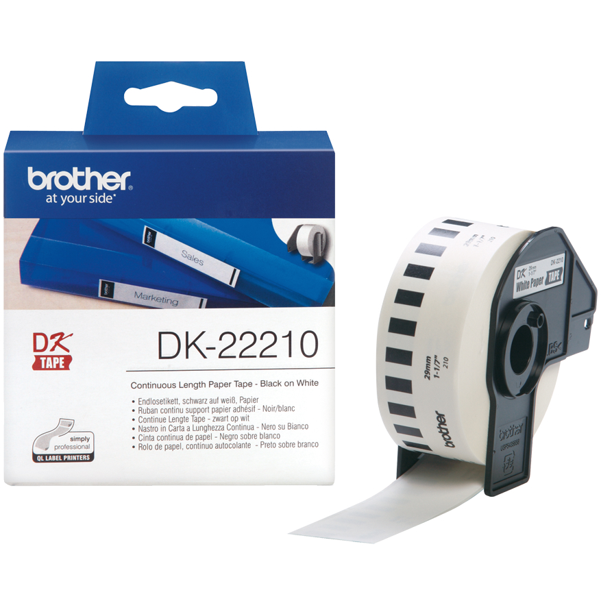 Original Brother DK-22210 Black On White 29mm x 30.48m Continuous Paper Label Tape (DK22210)