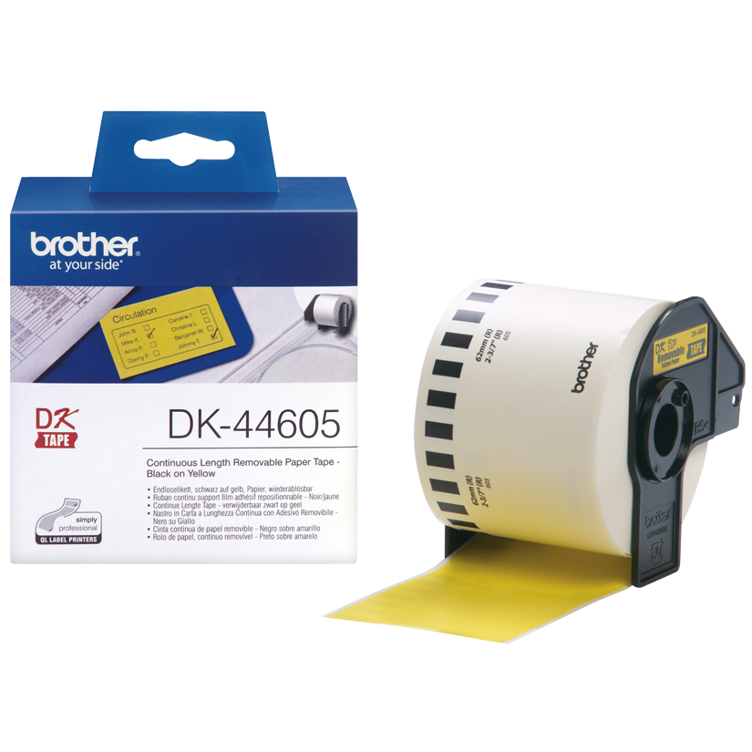 Original Brother DK-44605 Black On Yellow 62mm x 30.48m Removable Adhesive Continuous Paper Label Tape (DK44605)