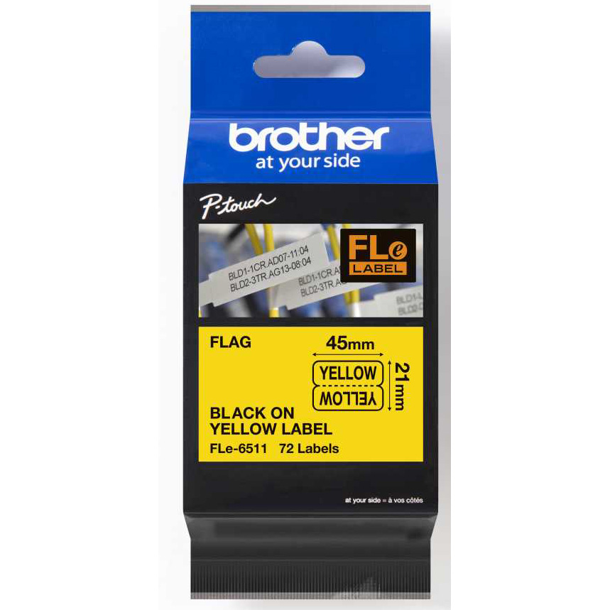 Original Brother FLe-6511 Black on Yellow 45mm x 21mm Die-Cut Label Tape (FLE6511)