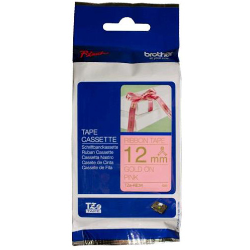 Original Brother TZE-RE34 Gold On Pink 12mm x 4m Plastic Labelling Tape (TZERE34)