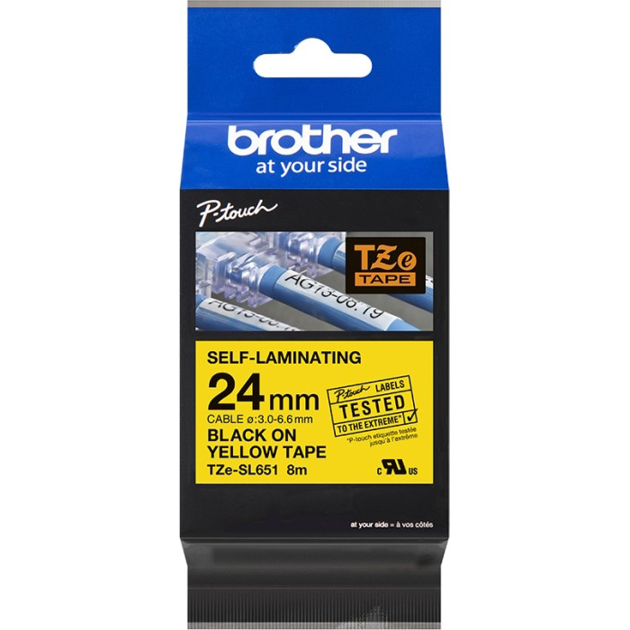 Original Brother TZE-SL651 Black On Yellow Adhesive Self-Laminating Labelling Tape Cassette 24mm x 8m (TZESL651)