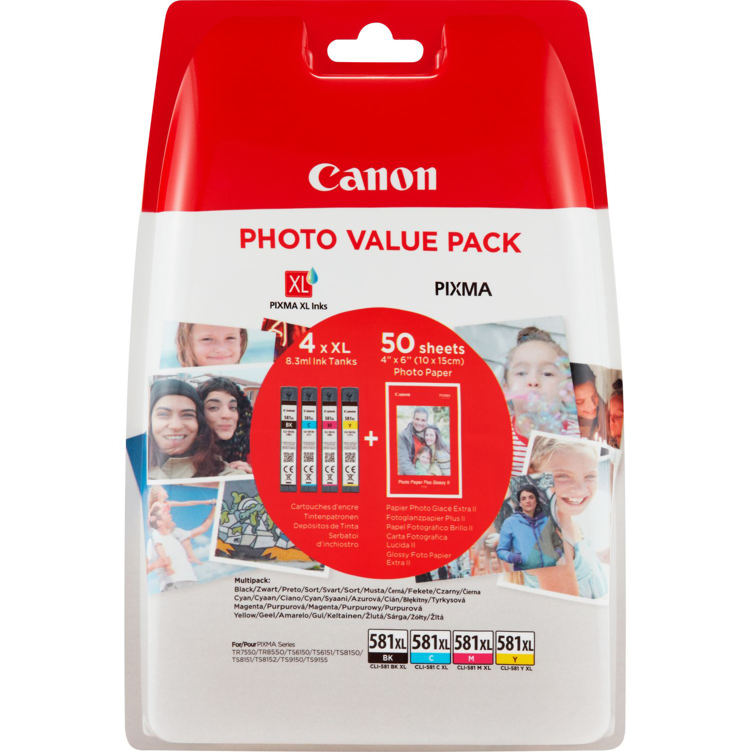 Original Canon CLI-581XL CMYK Multipack High Capacity Ink Cartridges & Photo Paper (2052C004)