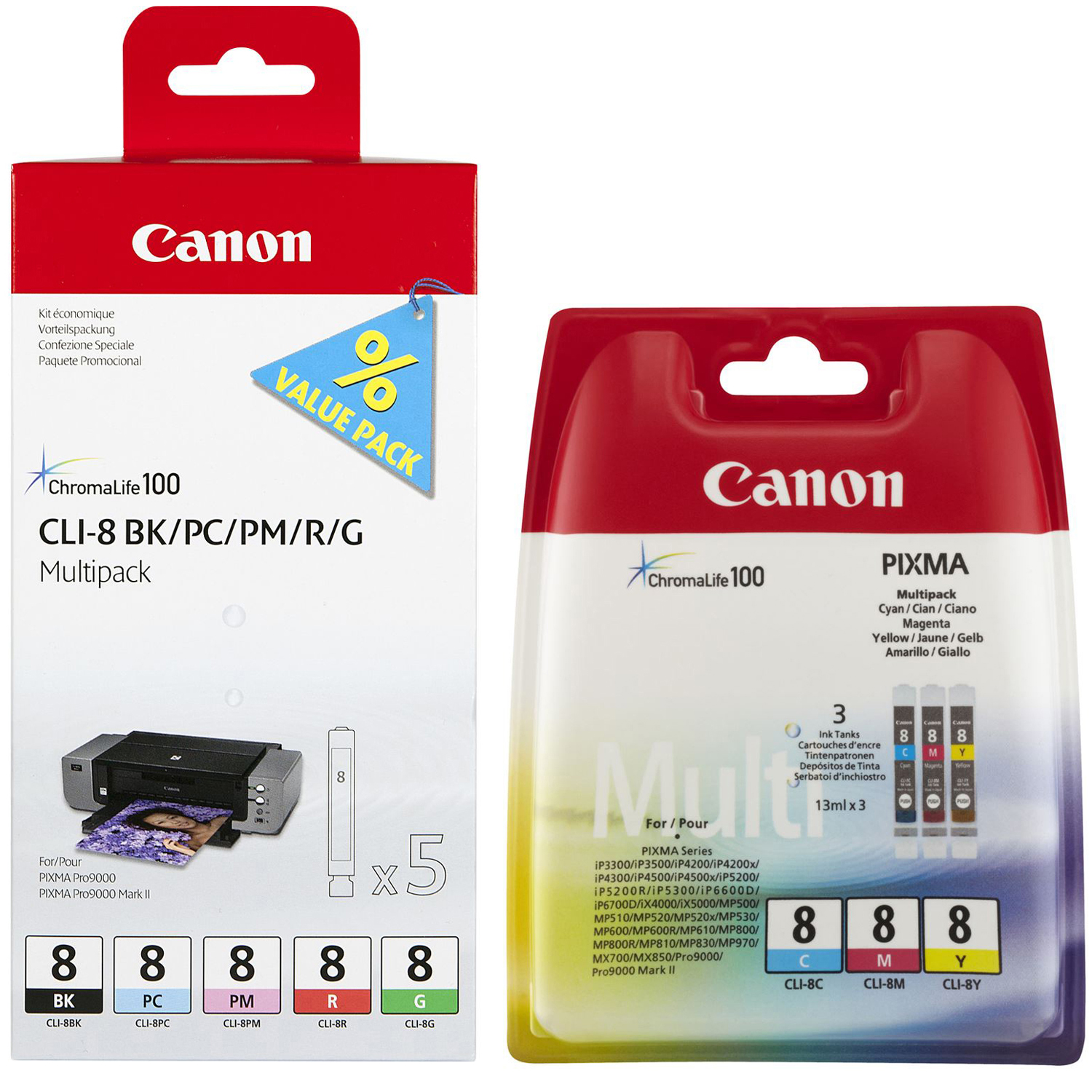 Original Canon CLI-8 C, M, Y, K, PC, PM, R, G Multipack Ink Cartridges (0620B027 / 0621B029)