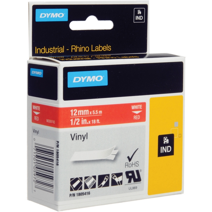 Original Dymo 1805416 White On Red Vinyl 12mm x 5.5m Label Tape (1805416)
