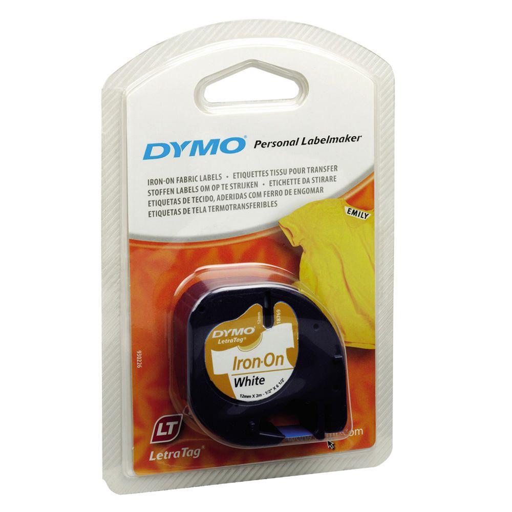 Original Dymo 18769 Black On White 12mm x 2m Iron-On LetraTag Label Tape (S0718850)