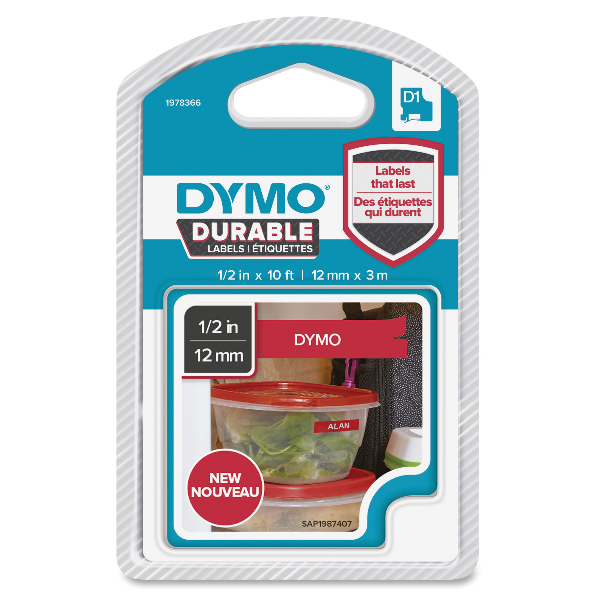 Original Dymo 1978366 White On Red 12mm x 3m D1 Durable Label Tape (1978366)