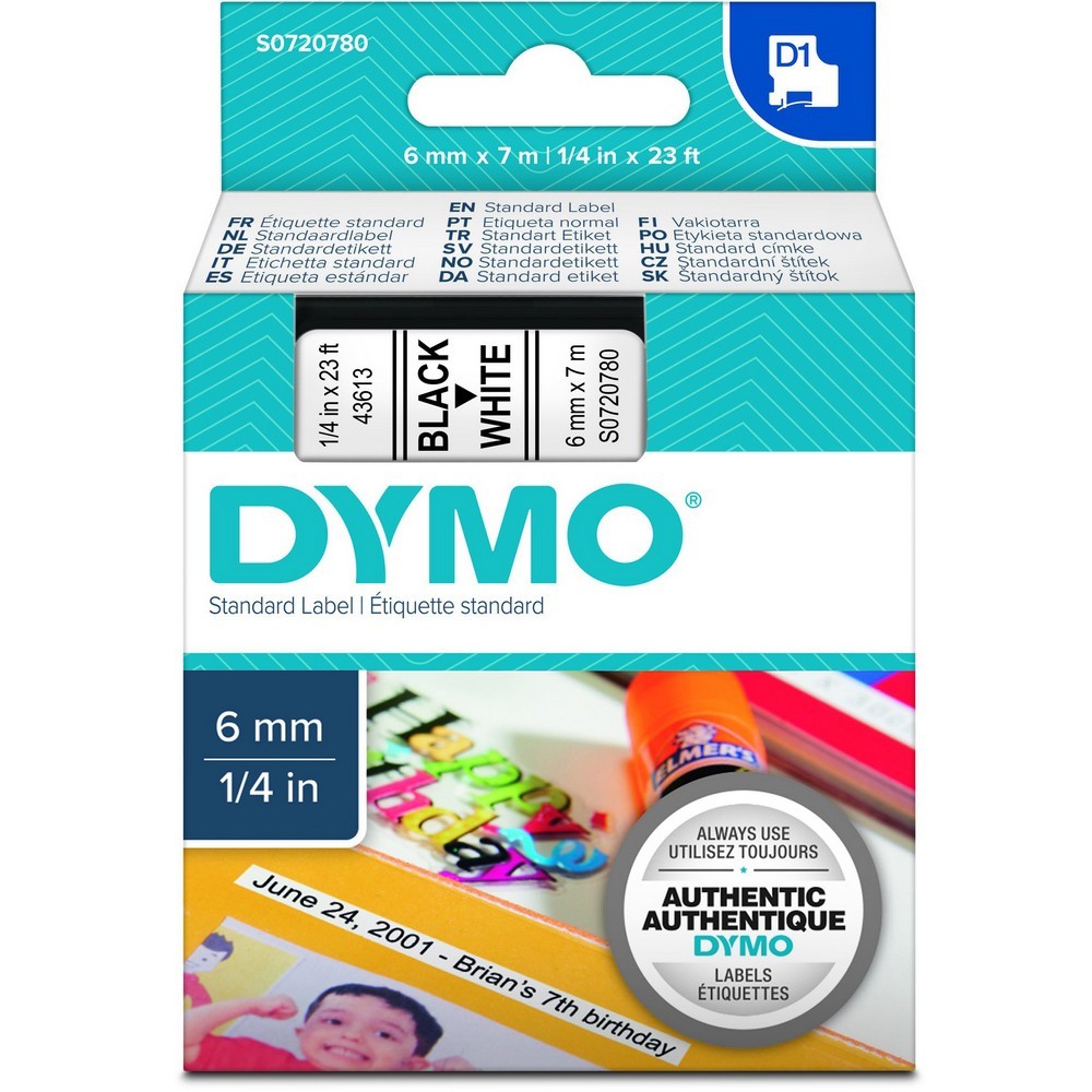 Original Dymo 43613 Black On White 6mm x 7m D1 Label Tape (S0720780)