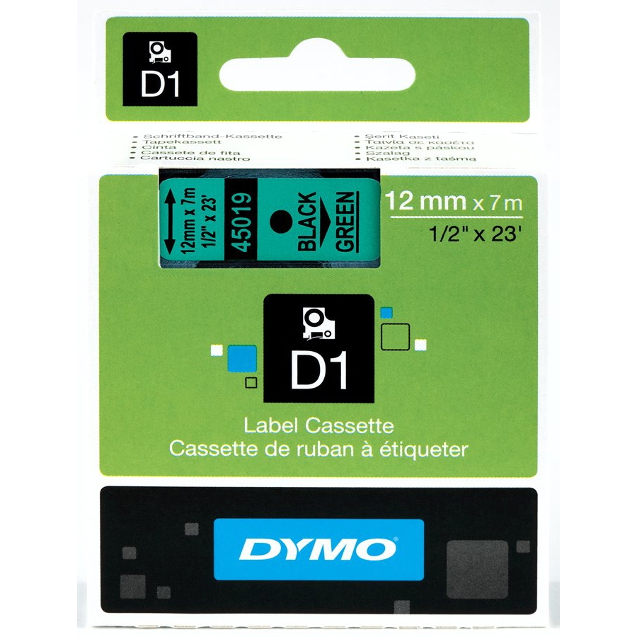 Original Dymo 45019 Black On Green 12mm x 7m D1 Label Tape (S0720590)