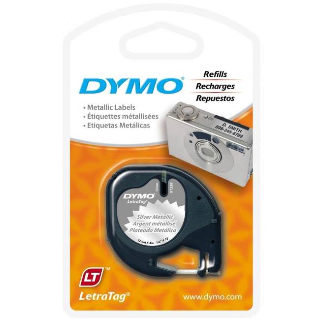 Original Dymo 91208 Black On Metallic Silver 12mm x 4m LetraTag Plastic Label Tape (S0721730)