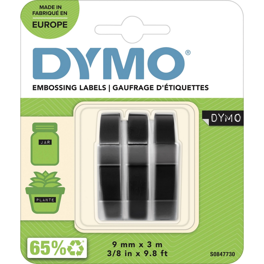 Original Dymo S0847730 White On Black 9mm x 3m Embossing Adhesive Tape - 3 Pack (S0847730)