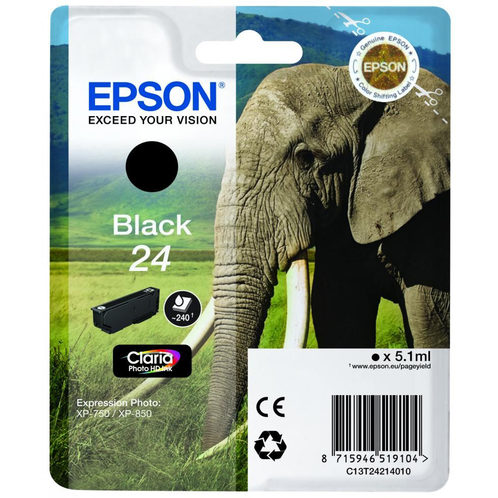 Original Epson 24 Black Ink Cartridge (C13T24214012) T2421 Elephant