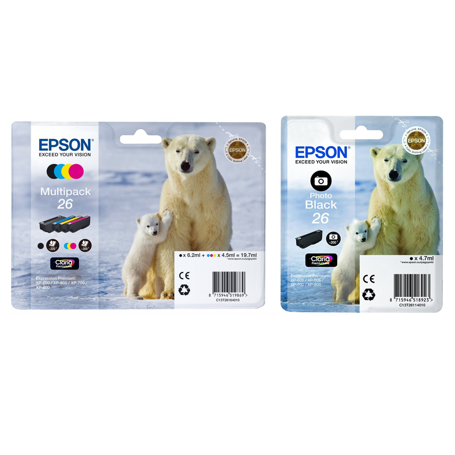 Original Epson 26 C, M, Y, K, PB Multipack Ink Cartridges (C13T26114012 / C13T26164010) T2611 & T2616 Polar Bear