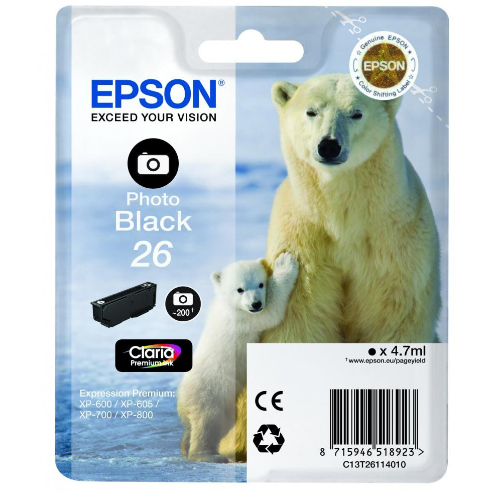 Original Epson 26 Photo Black Ink Cartridge (C13T26114012) T2611 Polar Bear