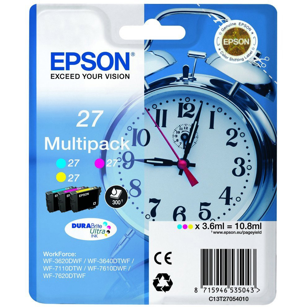 Original Epson 27 Cyan Magenta Yellow Pack Ink Cartridges (C13T27054012) T2705 Alarm Clock