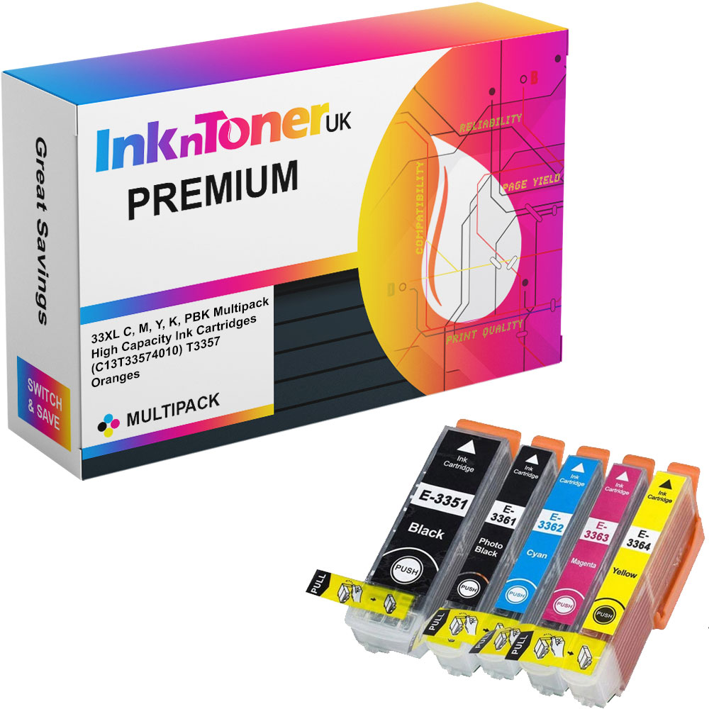 Premium Compatible Epson 33XL C, M, Y, K, PBK Multipack High Capacity Ink Cartridges (C13T33574010) T3357 Oranges