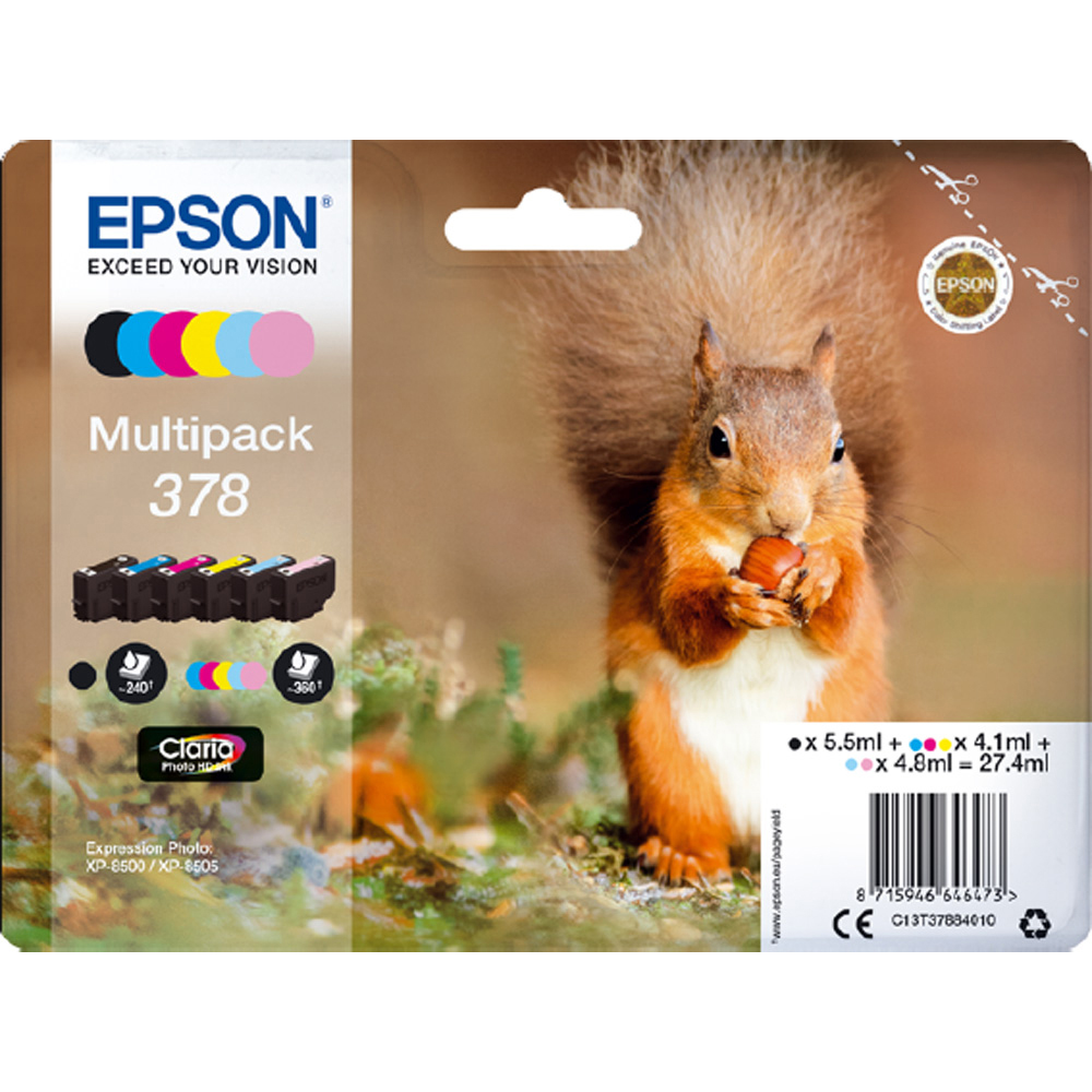 Original Epson 378 C, M, Y, K, LC, LM Multipack Ink Cartridges (C13T37884010) T3788 Squirrel