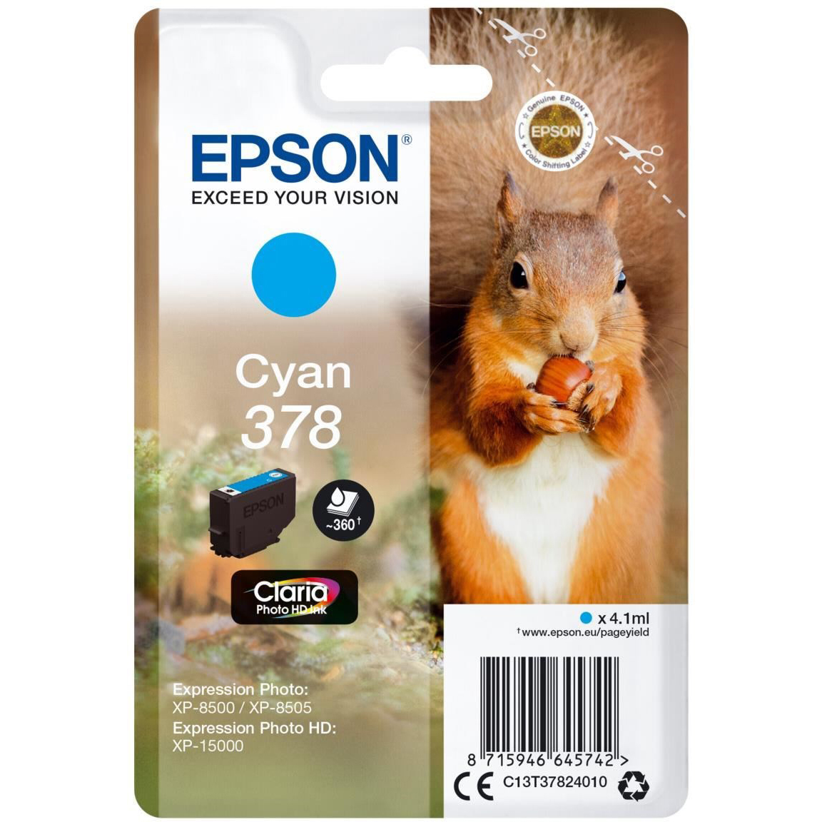 Original Epson 378 Cyan Ink Cartridge (C13T37824010) T3782 Squirrel