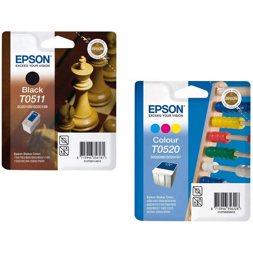 Original Epson T0511 / T0520 Black & Colour Combo Pack Ink Cartridges (C13T05114010 & C13T05204010)