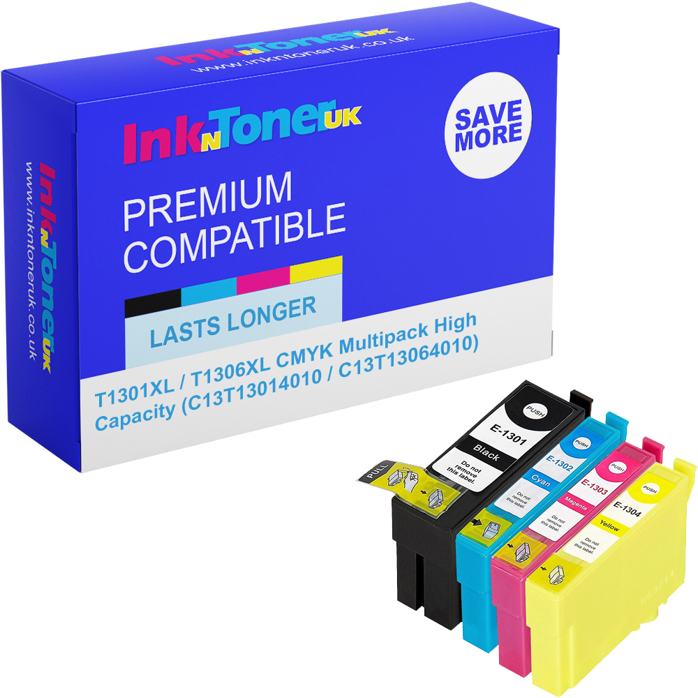 Premium Compatible Epson T1301XL / T1306XL CMYK Multipack High Capacity Ink Cartridges (C13T13014010 / C13T13064010) Stag
