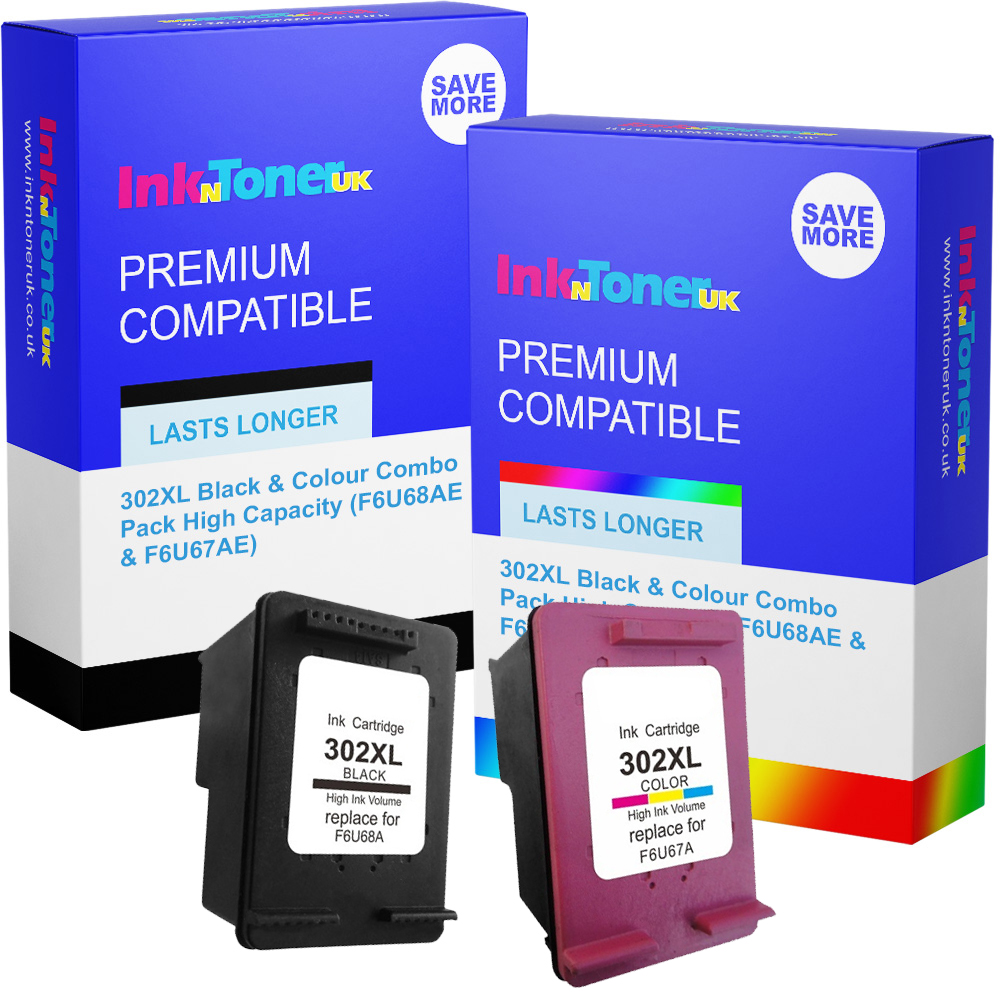 Premium Remanufactured HP 302XL Black & Colour Combo Pack High Capacity Ink Cartridges (F6U68AE & F6U67AE)