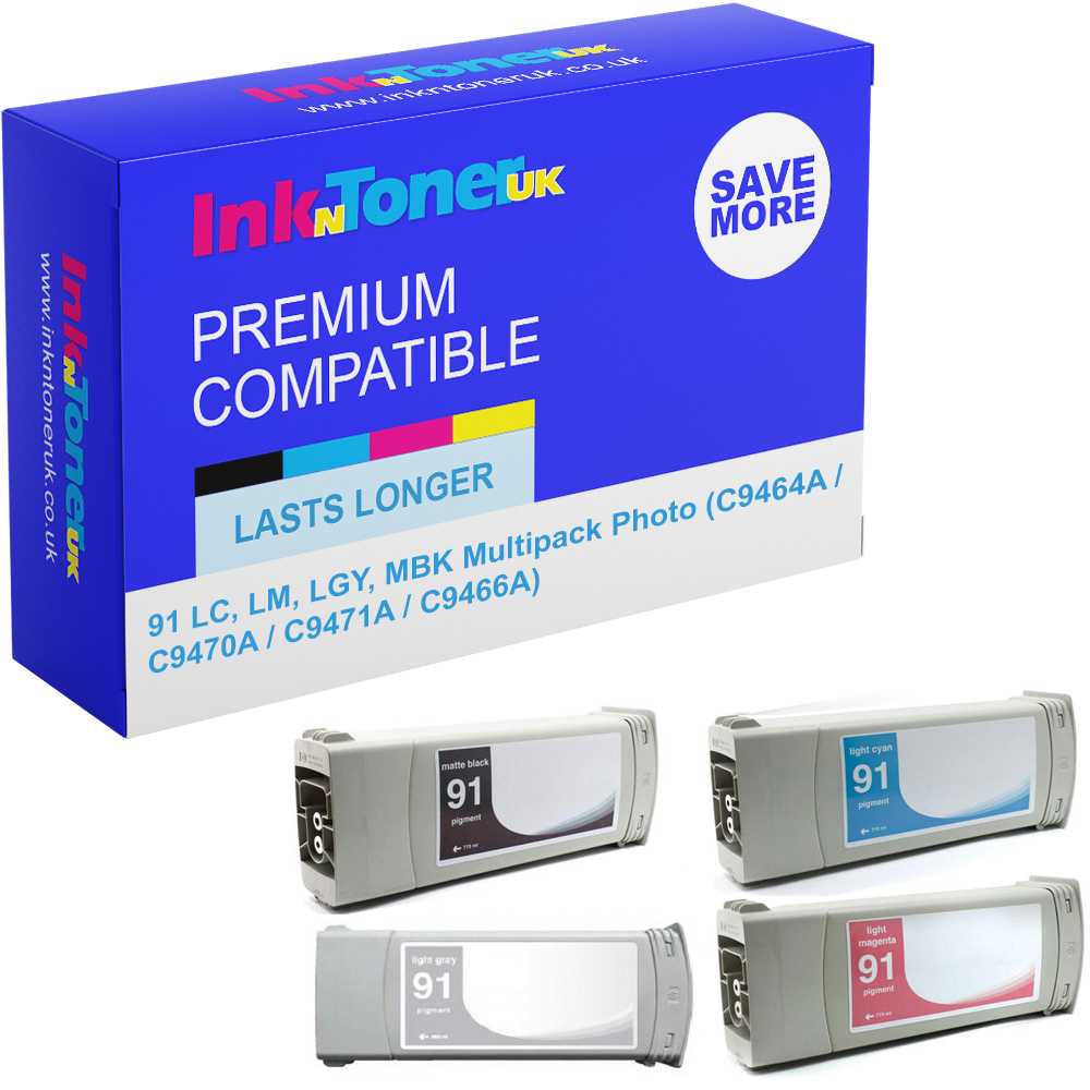 Premium Remanufactured HP 91 LC, LM, LGY, MBK Multipack Photo Ink Cartridges (C9464A / C9470A / C9471A / C9466A)