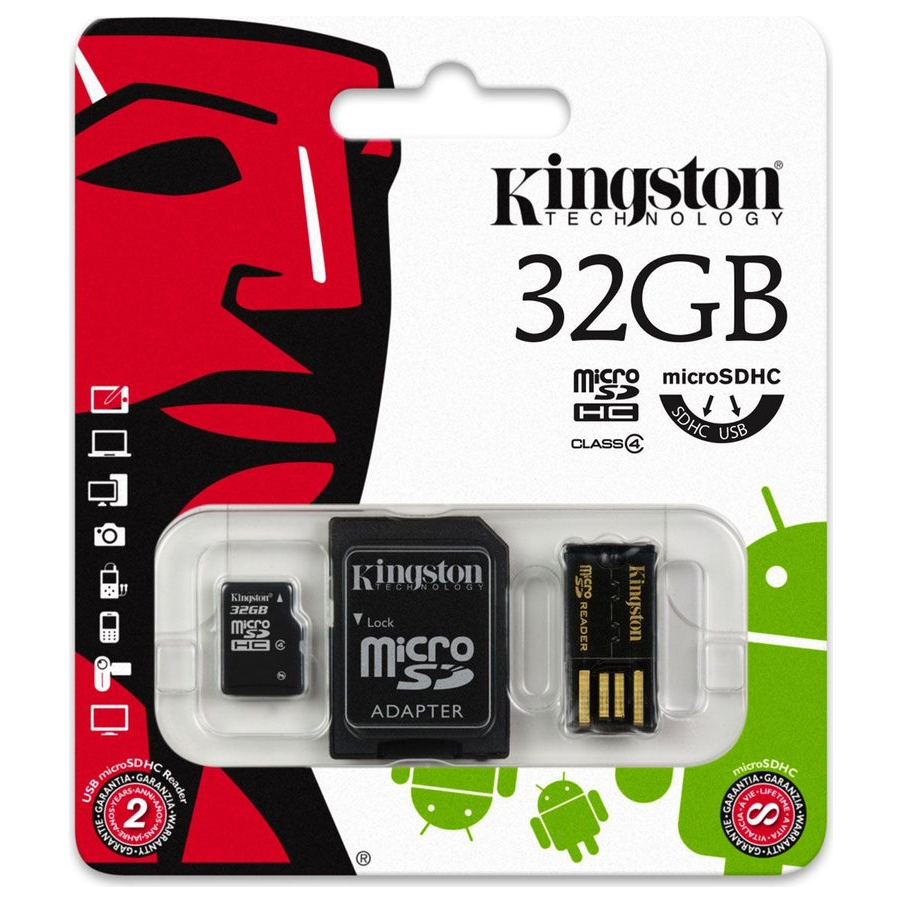 Original Kingston Technology Class 4 32GB microSDHC Multi Kit Memory Card (MBLY4G2/32GB)