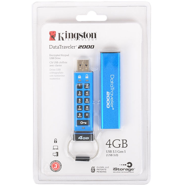 Original Kingston Data Traveler 2000 Keypad Blue 4GB USB 3.0 Flash Drive (DT2000/4GB)