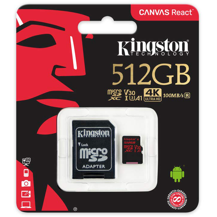 Original Kingston Canvas React Class 10 512GB MicroSD Memory Card + SD Adapter (SDCR/512GB)