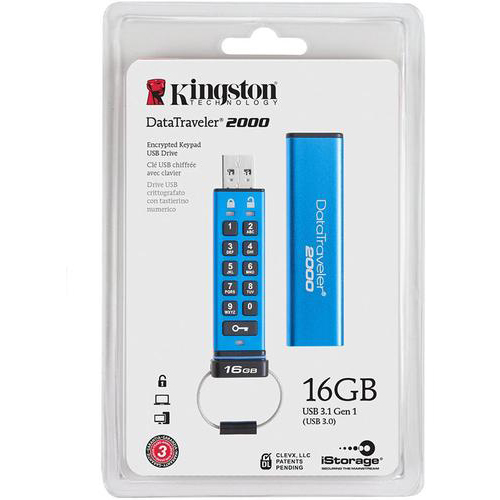 Original Kingston Data Traveler 2000 Keypad Blue 16GB USB 3.0 Flash Drive (DT2000/16GB)
