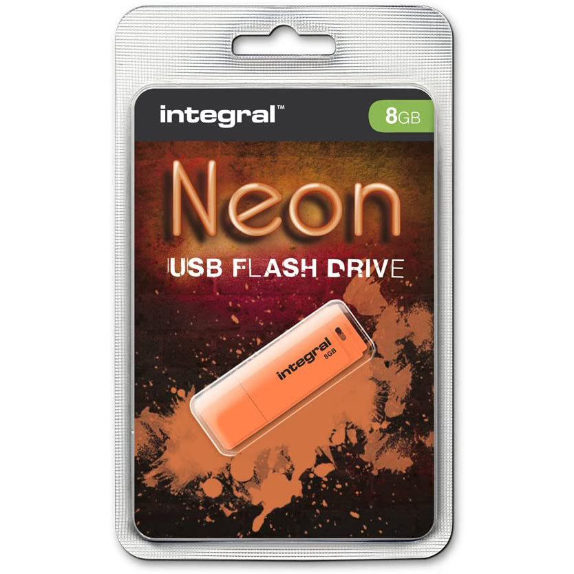 Original Integral Neon 8GB Orange USB 2.0 Flash Drive (INFD8GBNEONOR)