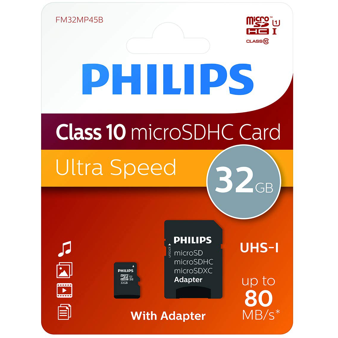 Original Philips Class 10 32GB MicroSD Memory + SD Adapter (PHMSDMA32GBHCCL10)