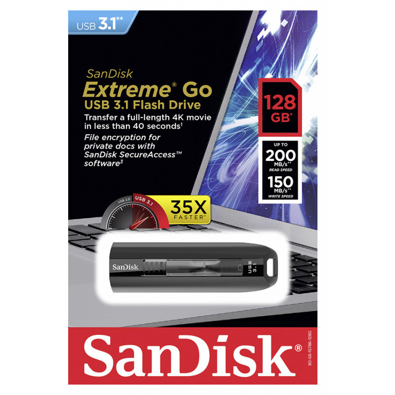 Original SanDisk Extreme Go 128GB Black USB 3.1 Flash Drive (SDCZ800-128G-G46)