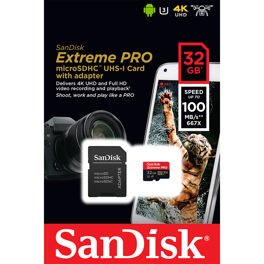 Original SanDisk Extreme 32GB MicroSDHC Memory Card + SD Adapter (SDSQXCG032GGN6MA)