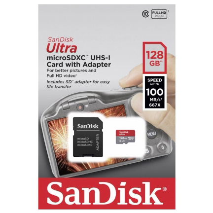 Original SanDisk Ultra Class 10 128GB microSDXC Memory Card + SD Adapter (SDSQUAR128GGN6IA)