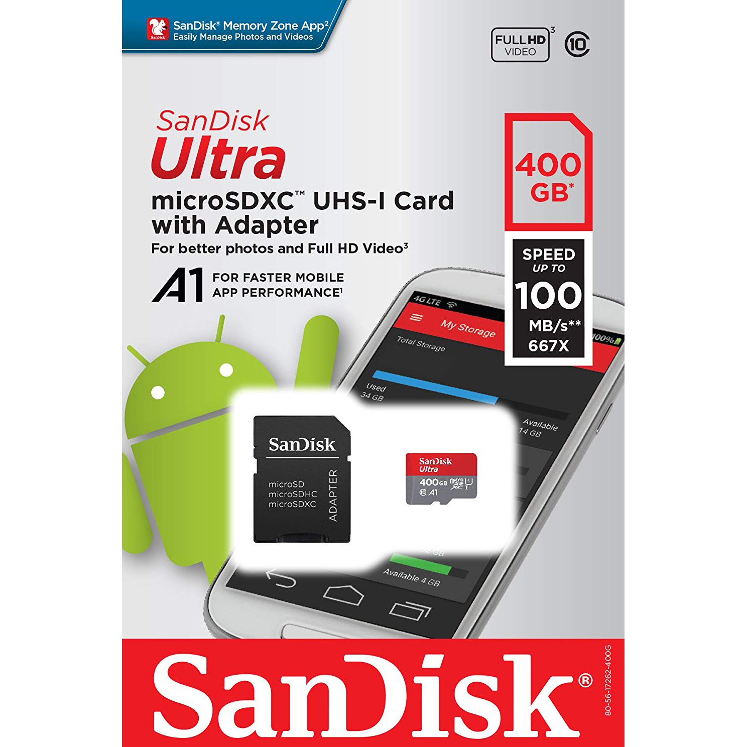 Original SanDisk Ultra Class 10 400GB MicroSDXC Memory Card + SD Adapter (SDSQUAR-400G-GN6)