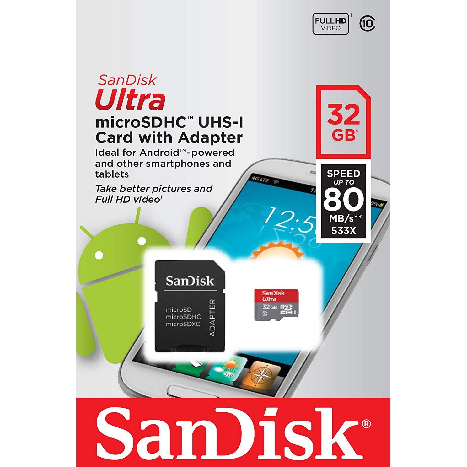 Original SanDisk Ultra Class 10 32GB MicroSDHC Memory Card + SD Adapter (SDSQUNC-032G-GN6)