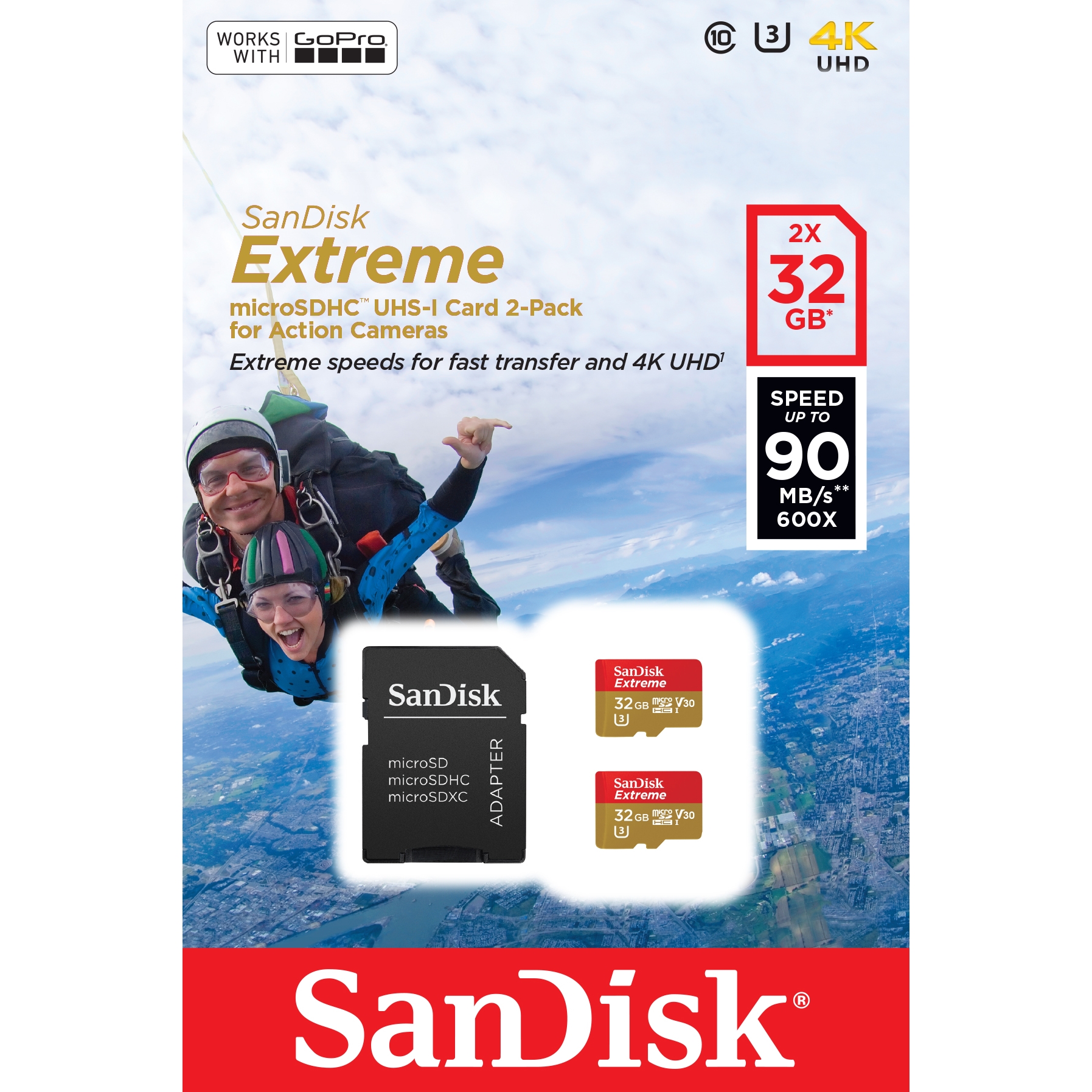 Original SanDisk Extreme 32GB MicroSDHC Memory Card Twin Pack + Adapter (SDSQXAF032GGN6AT)