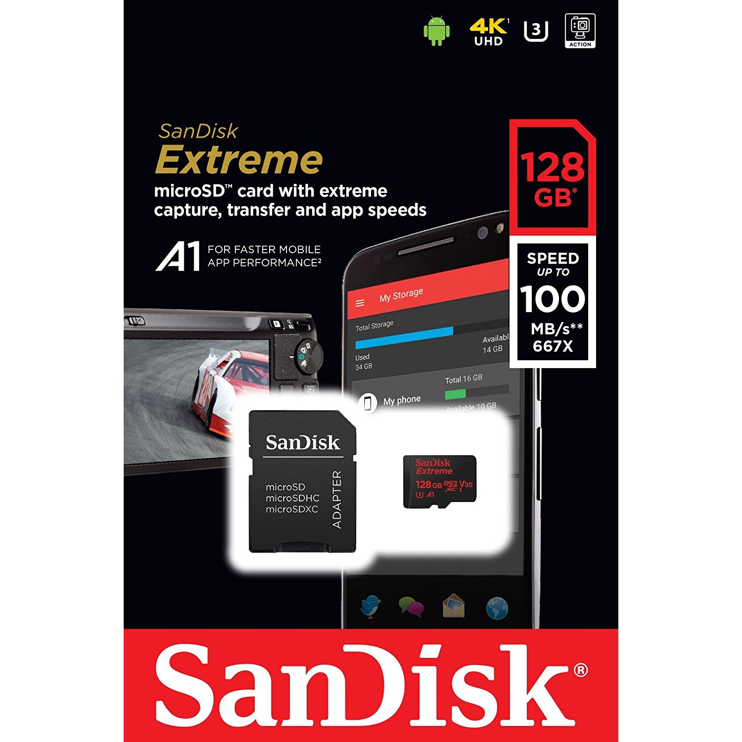 Original SanDisk Extreme 128GB Class 10 UHS-3 MicroSDHC Memory Card + SD Adapter (SDSQXAF128GGN6MA)