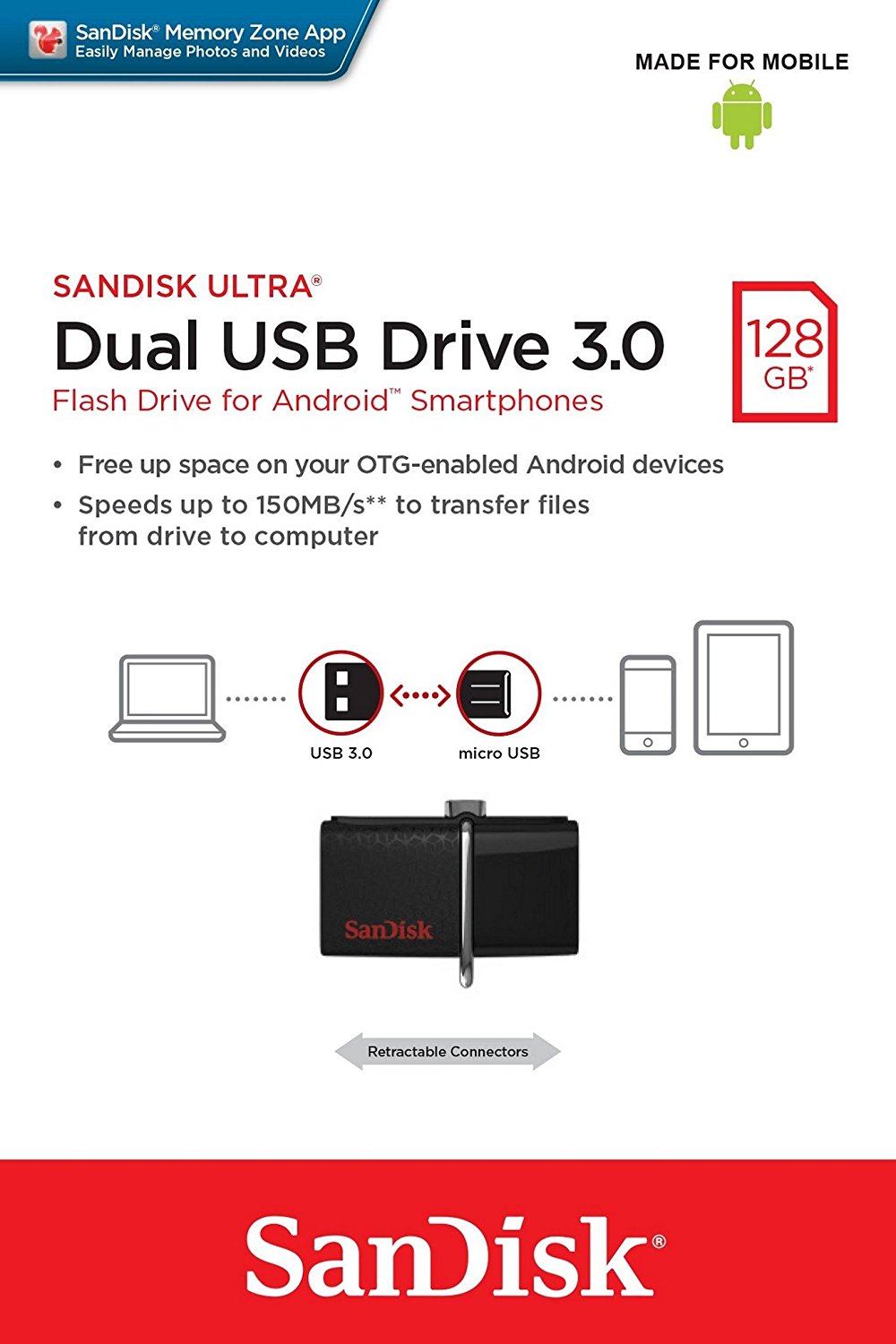 Original SanDisk Ultra 128GB Dual USB 3.0 Flash Drive (SDDD2-128G-GAM46)