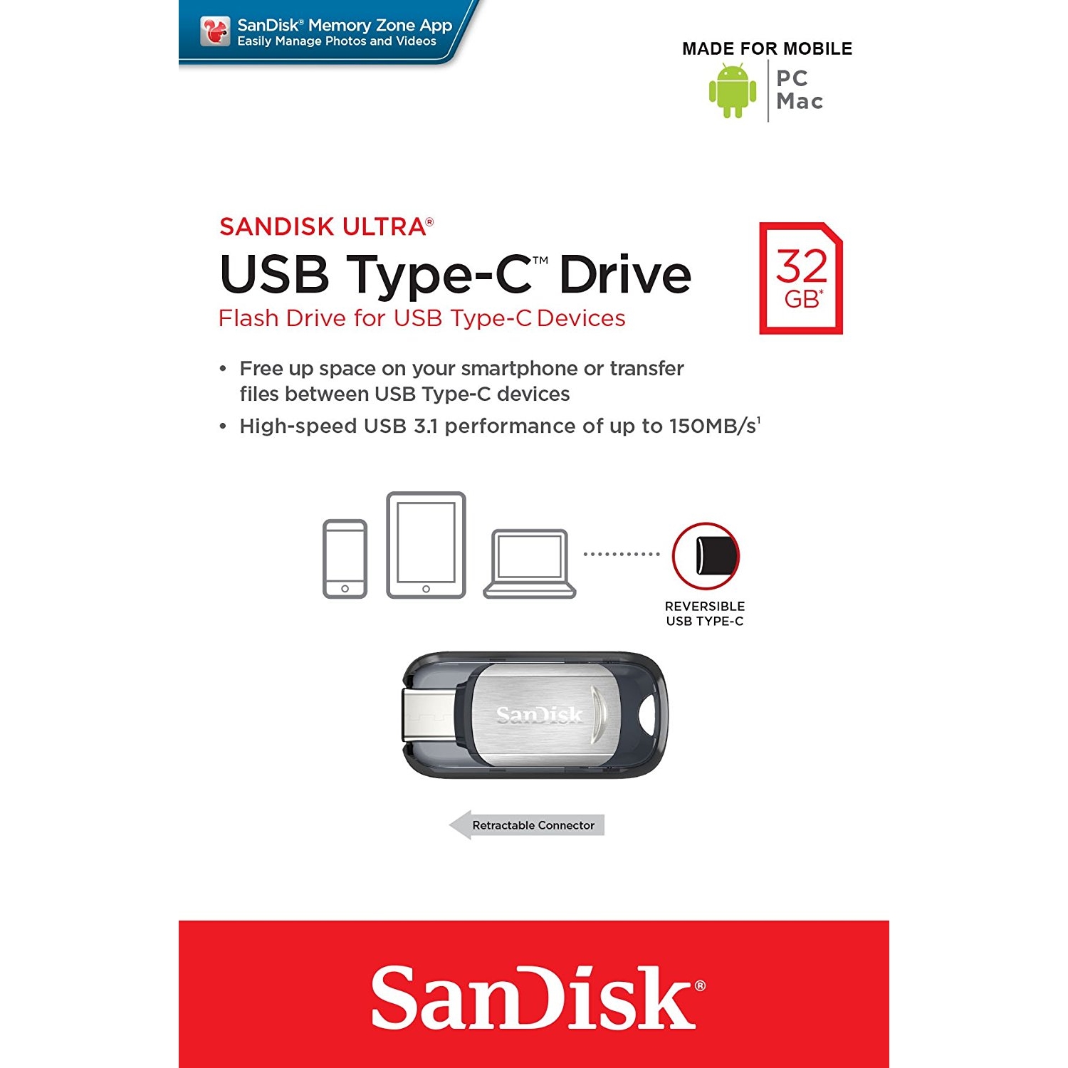 Original SanDisk Ultra Type-C 32GB USB 3.1 Flash Drive (SDCZ450-032G-G46)