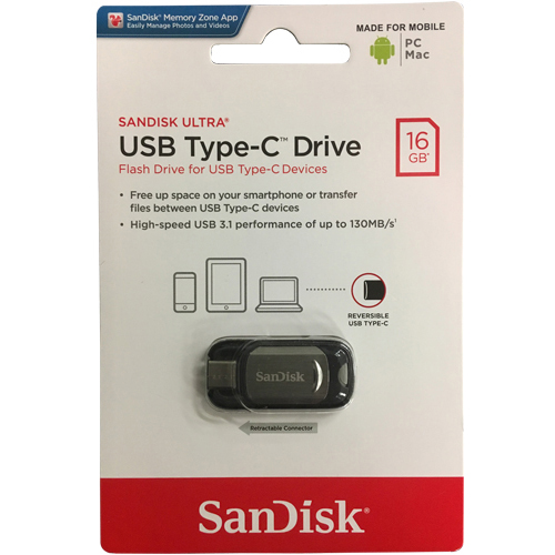 Original SanDisk Ultra 16GB Silver USB Type-C 3.1 Flash Drive (SDCZ450-016G-G46)