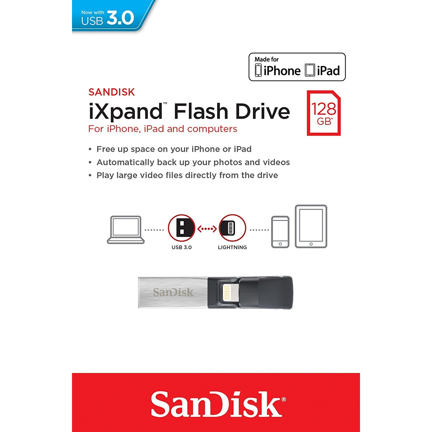 Original SanDisk iXpand Lightning 128GB V2 USB 3.0 Flash Drive (SDIX30C-128G-GN6)